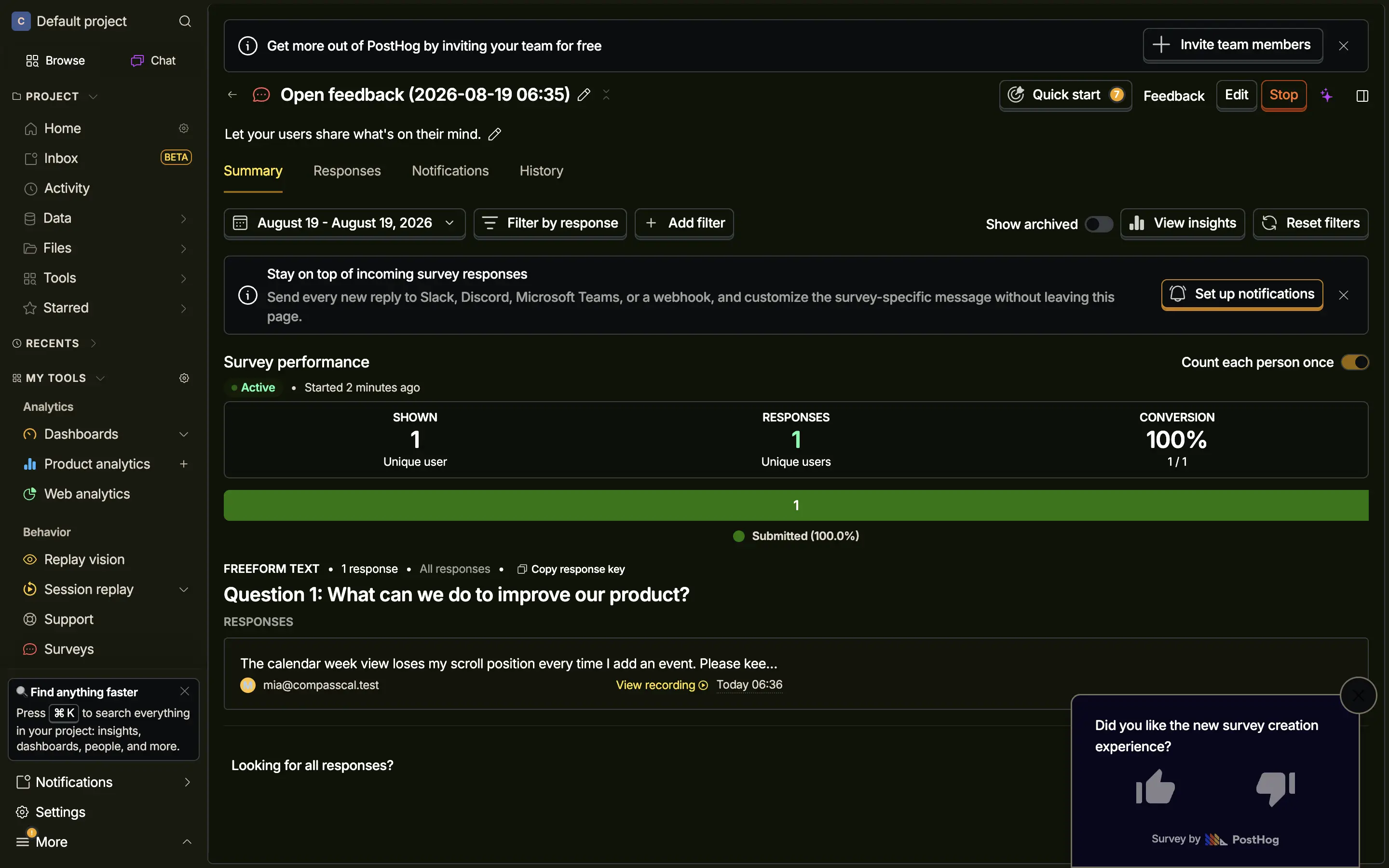 PostHog survey results page showing shown, responses and conversion tiles, and a response card with a View recording link