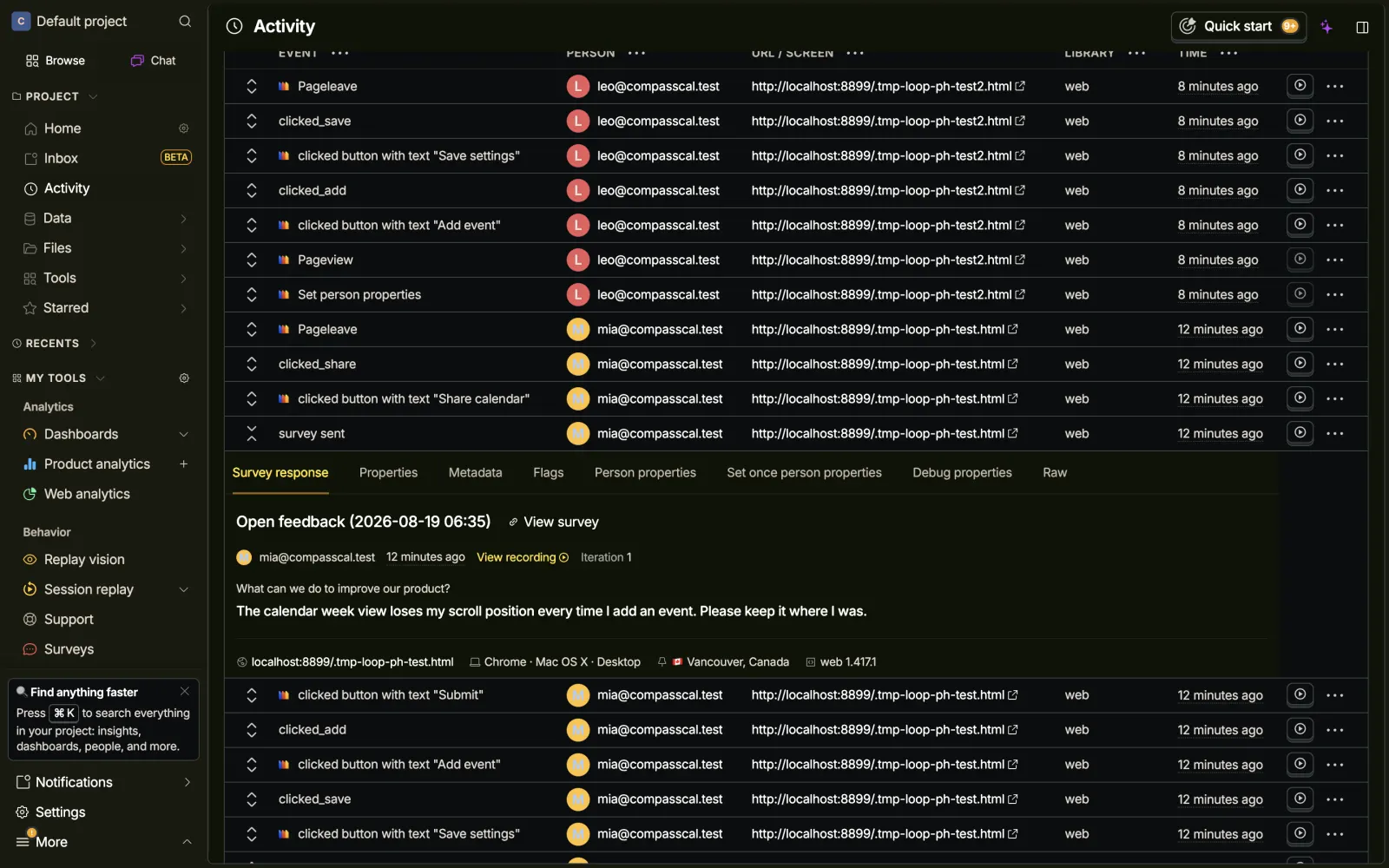An expanded survey sent event row in PostHog showing a Survey response tab with the question, the full verbatim answer, and View recording and View survey links