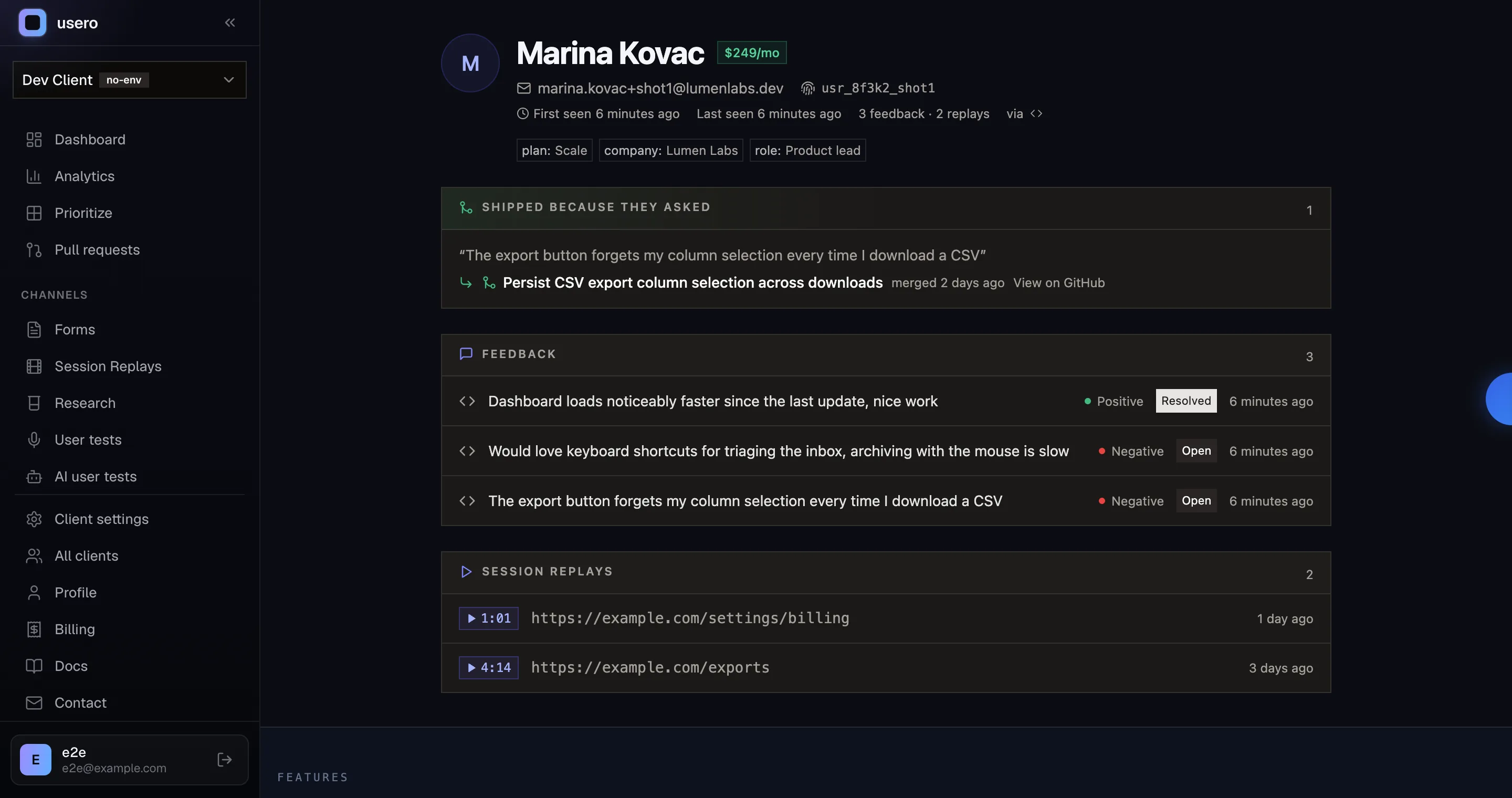 The new Usero person profile page showing a requester identity header with MRR and traits, their feedback list, session replays and a Shipped because they asked section