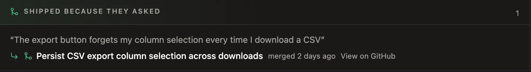 The Shipped because they asked section of the Usero person profile listing merged pull requests paired with the feedback that asked for them