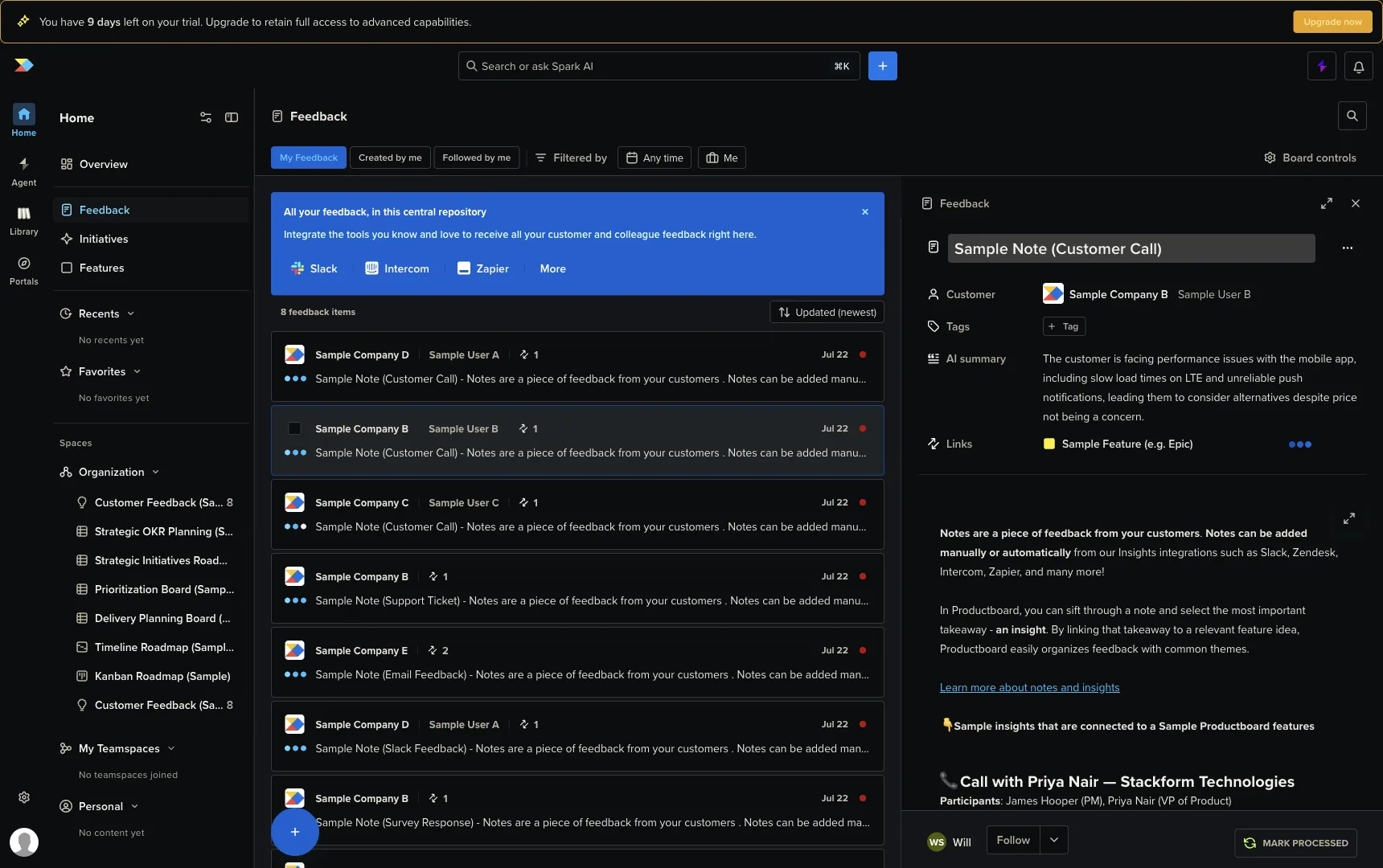 A Productboard feedback note open in the drawer, showing the Customer field, Tags, an automatic AI summary, a Links row, the note body, and the Mark Processed button.