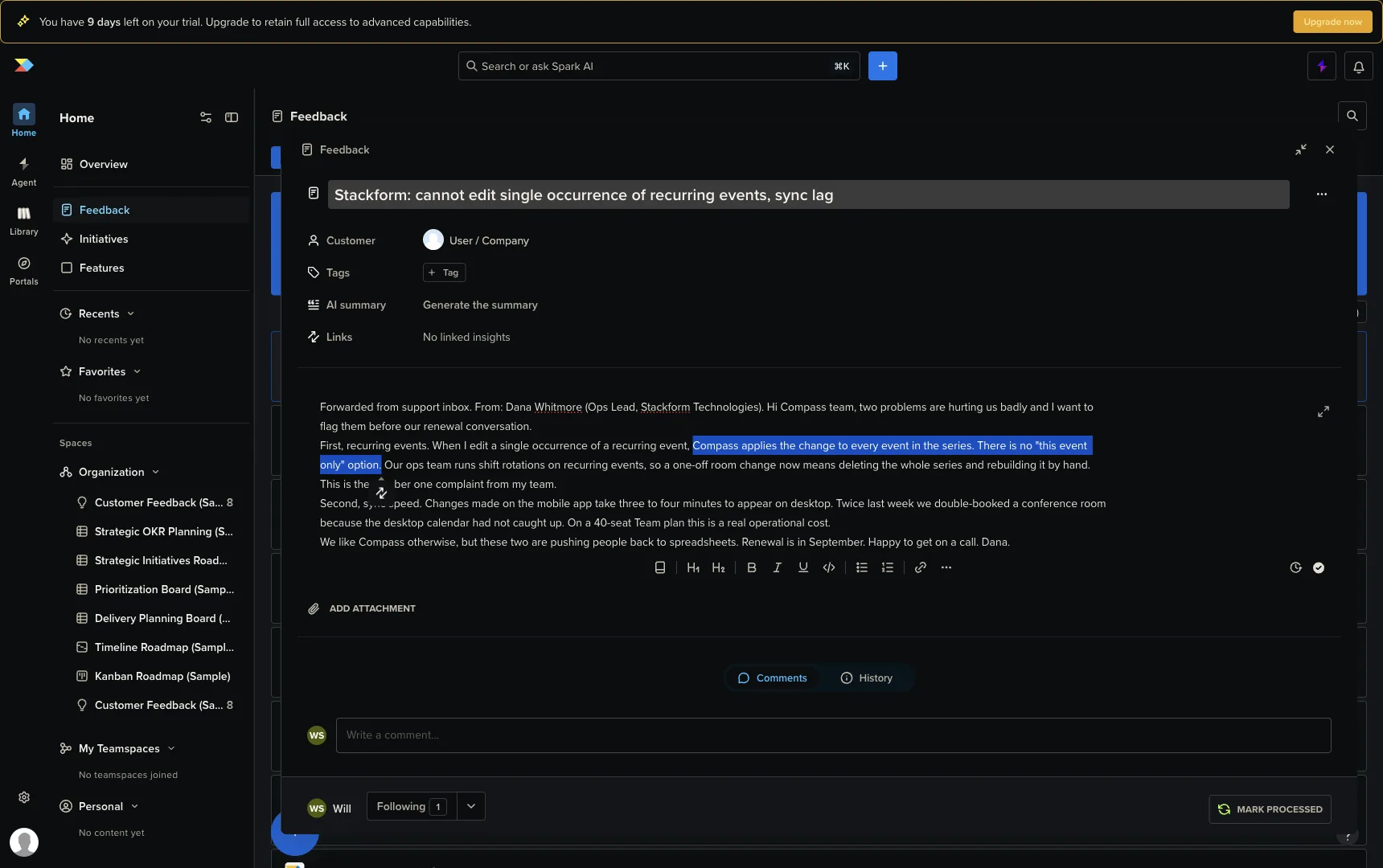 A sentence selected inside a Productboard note body, with the small floating circular link icon appearing next to the highlighted text.