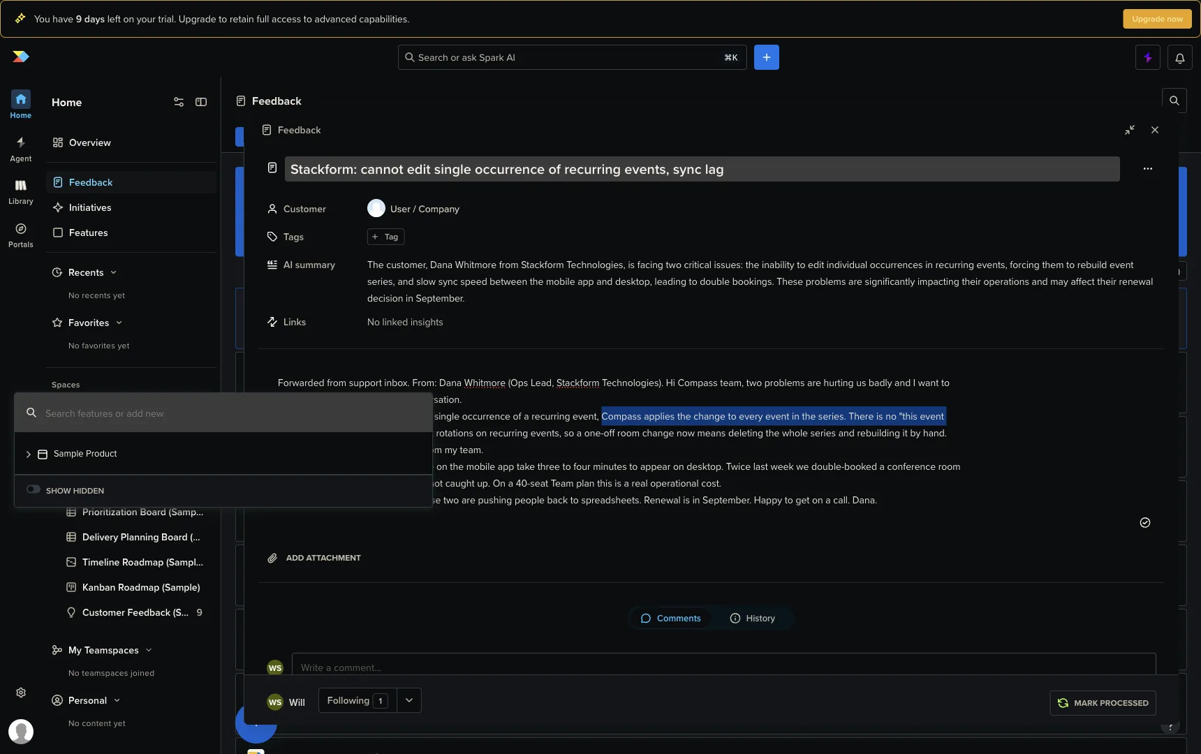 The Productboard insight link popup open over a feedback note, showing a search box labeled Search features or add new above the expandable product feature tree.