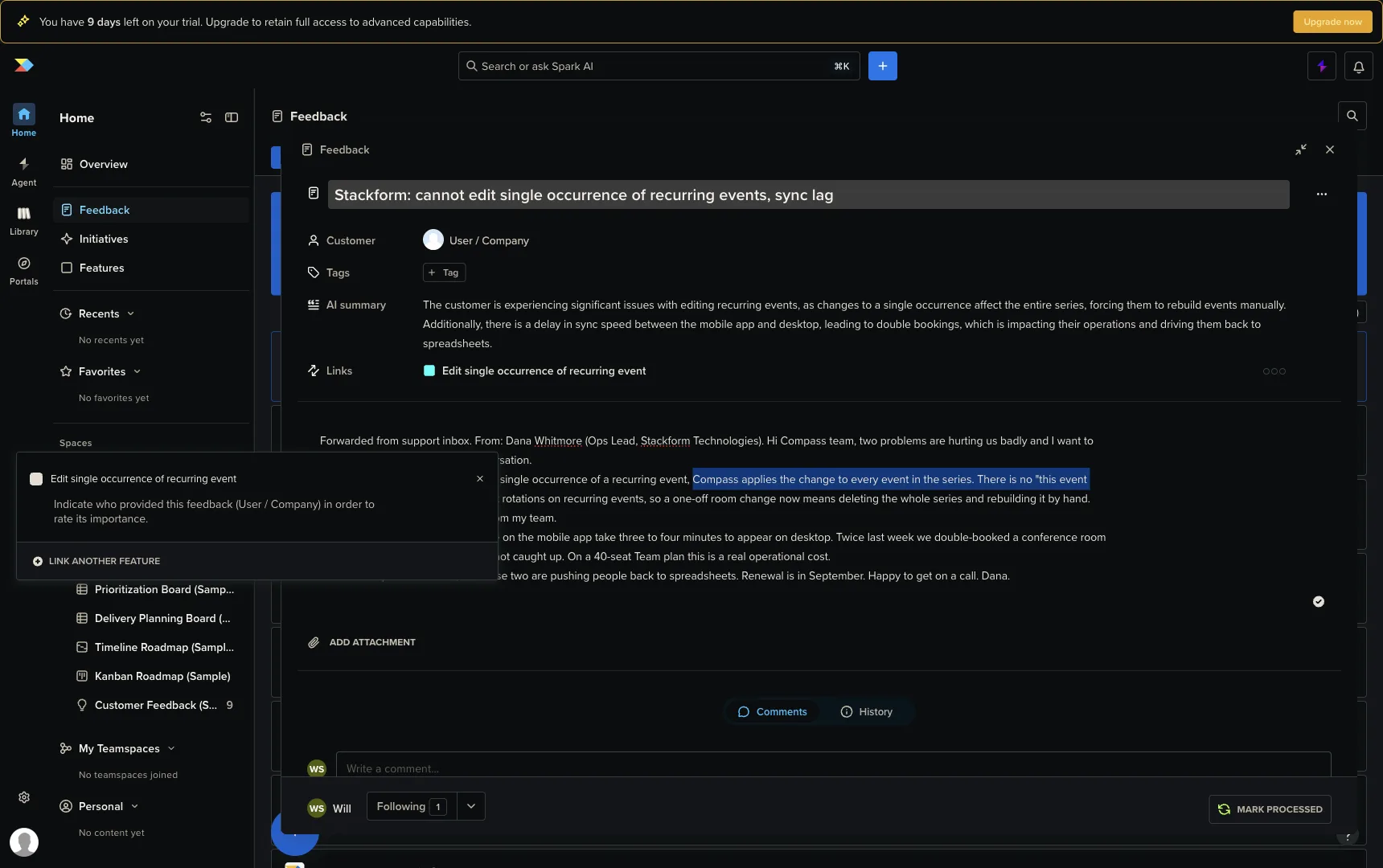 The Productboard popup after linking an insight, showing the message that you must indicate who provided this feedback before you can rate its importance.