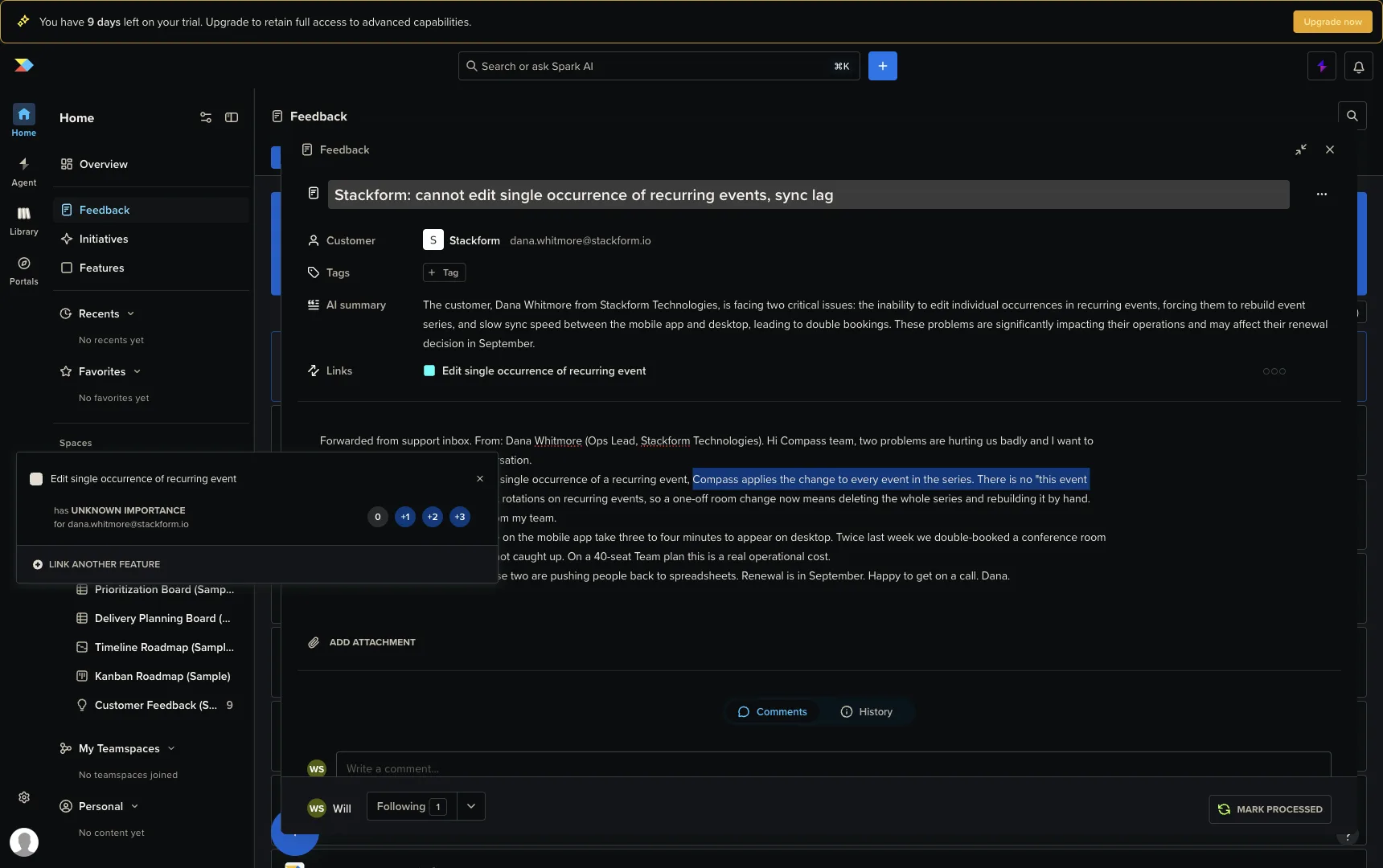 The Productboard importance selector showing bare numeric chips 0, +1, +2, and +3 next to the text has UNKNOWN IMPORTANCE for the customer email.