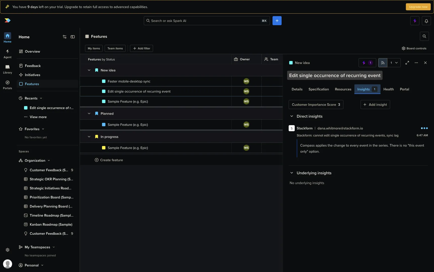 A Productboard feature detail page on the Insights tab, showing the Customer Importance Score chip and an insight card with the company, user email, source note, and the verbatim selected sentence.