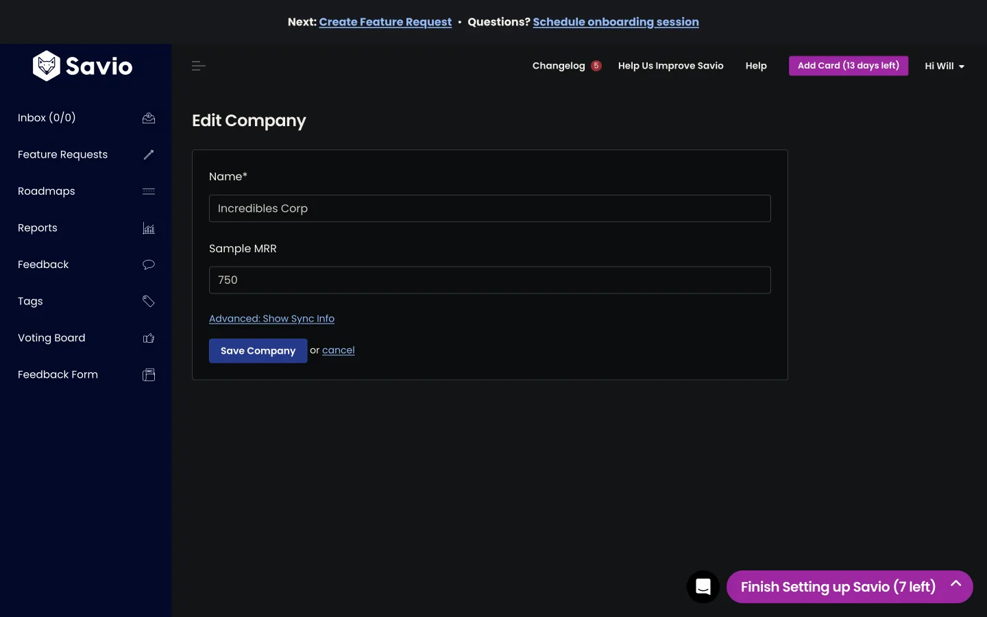 Savio Edit Company form with fields for the company name and a manually editable Sample MRR value.