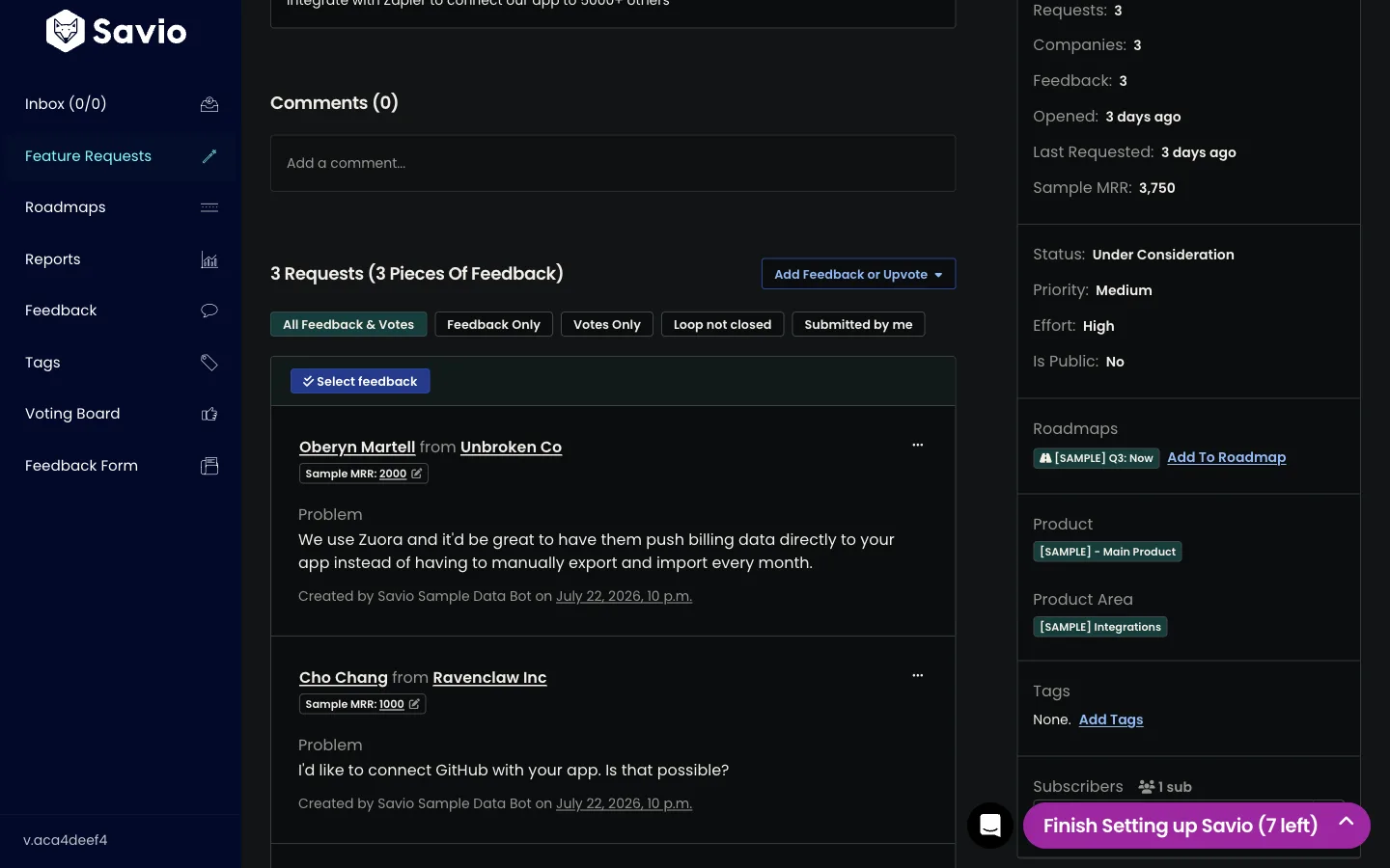 Savio feature request detail view with a per-company Sample MRR chip on each linked feedback item and the cumulative MRR total in the sidebar.