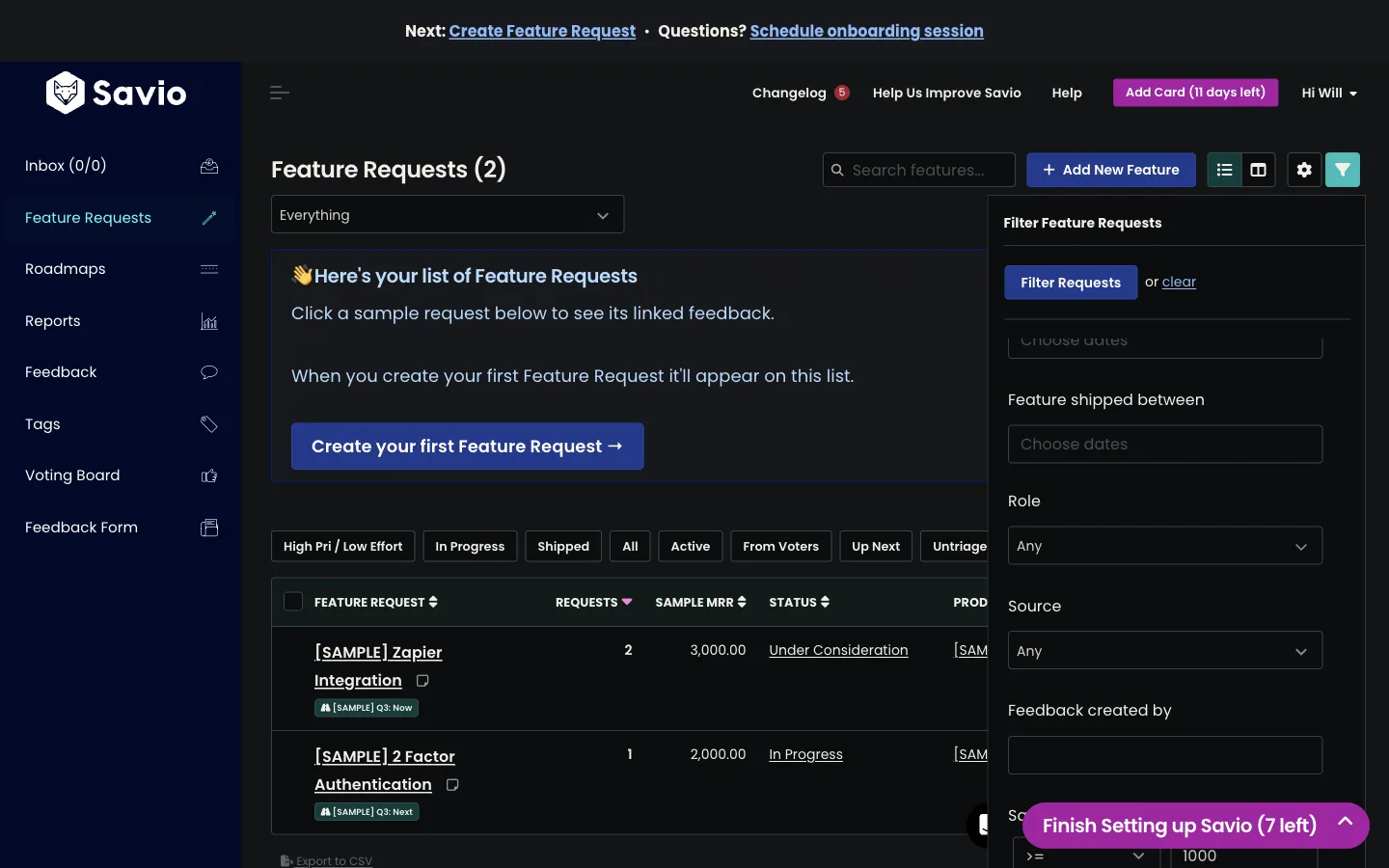 Savio feature request list filtered by Sample MRR greater than or equal to 1000, with the Zapier Integration row re-aggregated from 3,750 MRR across 3 requests down to 3,000 across 2.