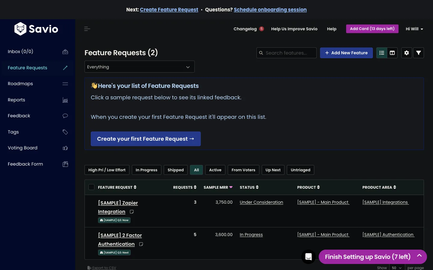 Savio feature request list sorted by the Sample MRR column, showing requests ranked by the summed MRR of the companies asking for each one.