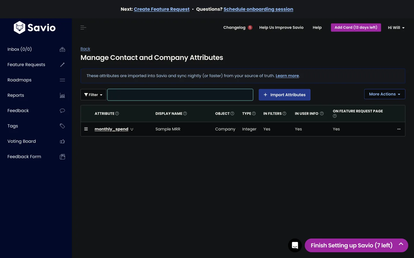 Savio settings page for company attributes, with the monthly_spend attribute flagged as storing MRR and a note about syncing attributes from a customer source of truth.