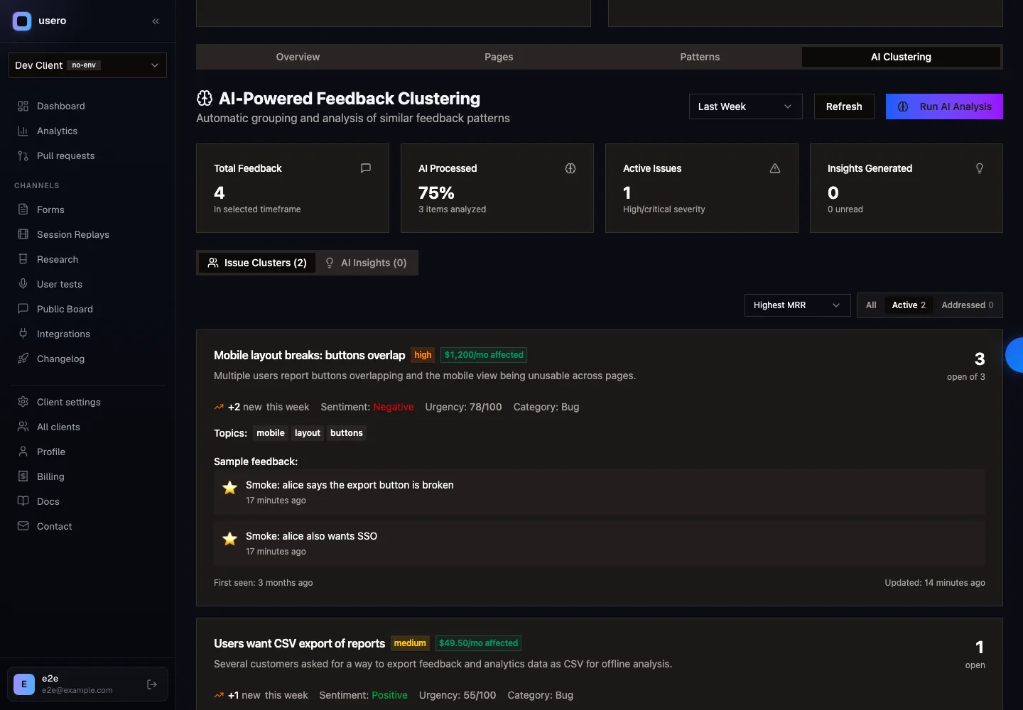 Usero AI clustering view sorted by Highest MRR, with a Mobile layout breaks cluster tagged $1,200/mo affected and a Users want CSV export cluster tagged $49.50/mo affected.