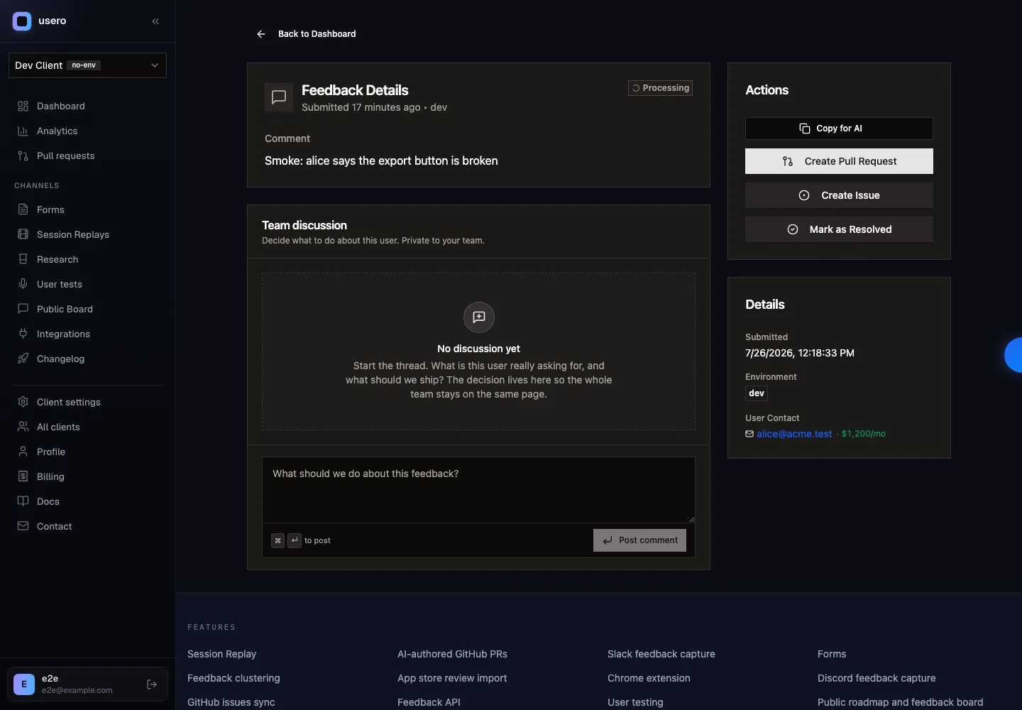 Usero feedback detail view with the Details sidebar showing User Contact alice@acme.test and a $1,200/mo figure, the mrr trait passed through identify() landing on the person record.