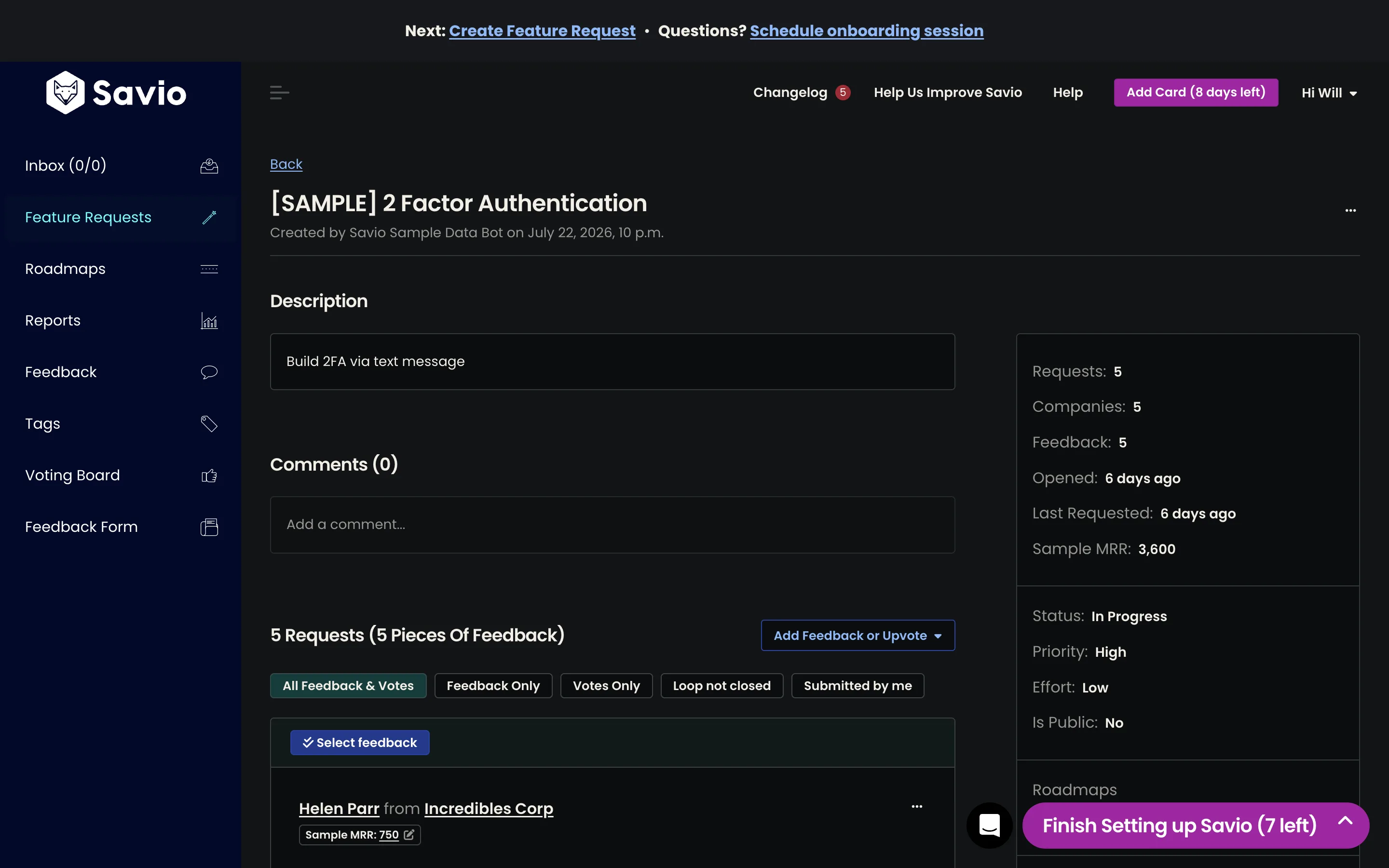 A Savio feature request showing five separate pieces of feedback, each with a customer name, their company, and their MRR