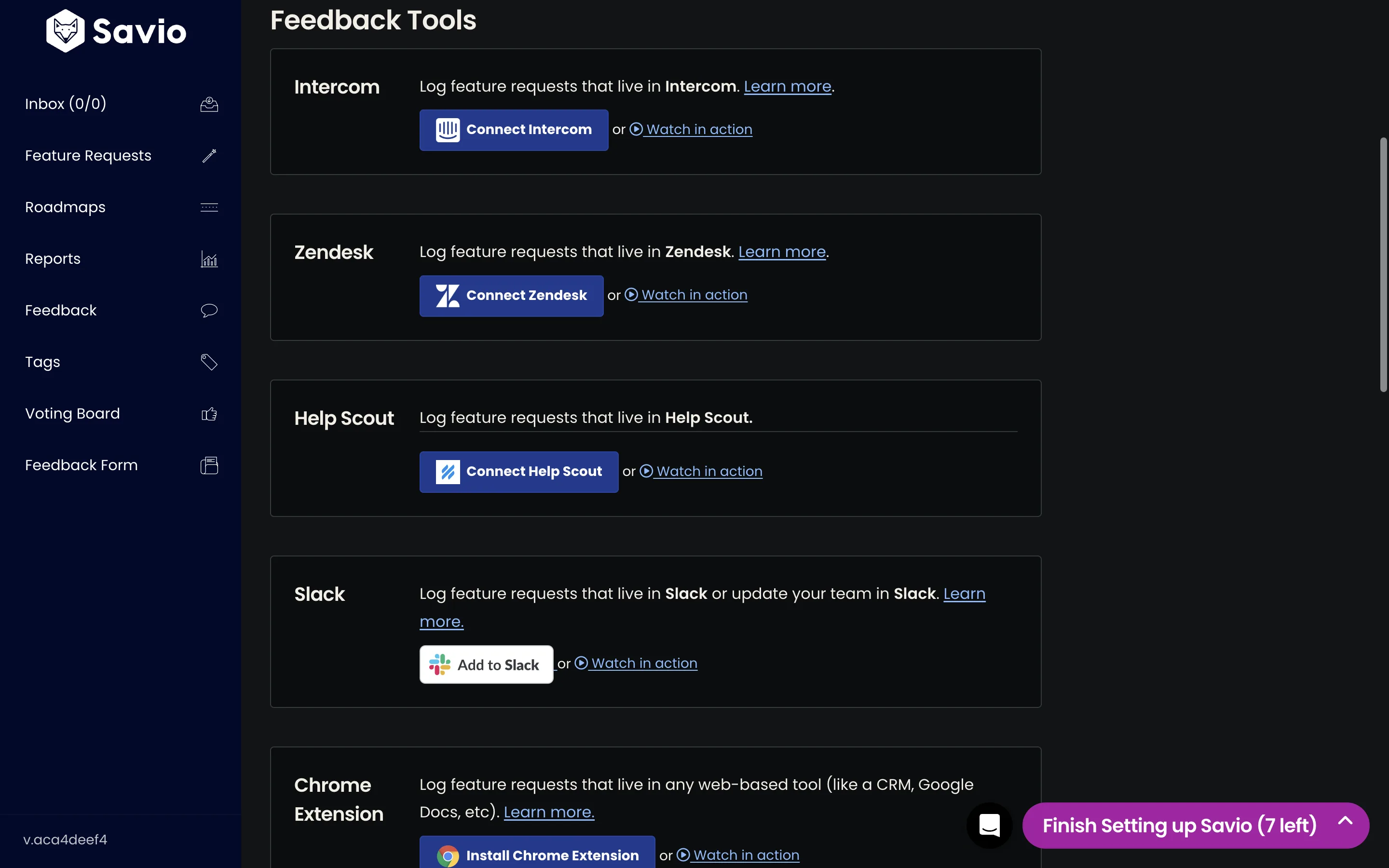 Savio's integration settings page showing the Feedback Tools section with Intercom, Zendesk, and Help Scout connect buttons