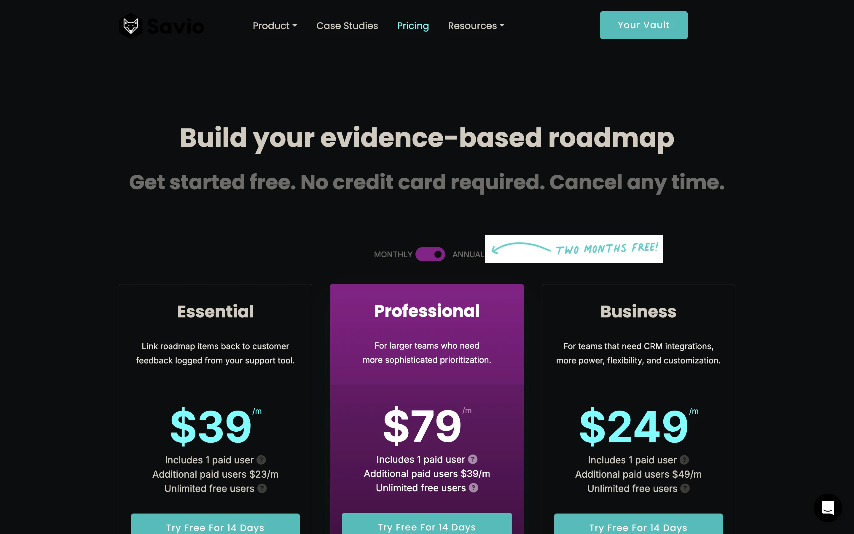 Savio's pricing page showing Essential at $39, Professional at $79, and Business at $249, with support tool integrations split across the tiers