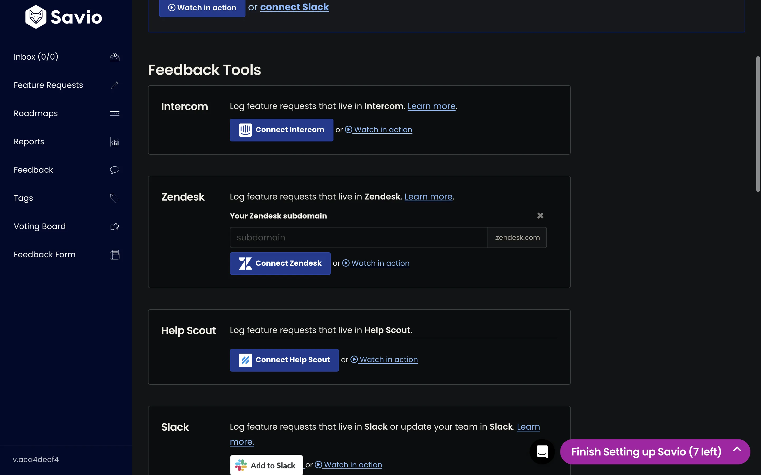 The Savio integrations page with the Connect Zendesk button expanded to show an inline subdomain text field