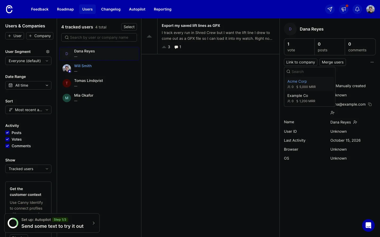 Canny Users page with Dana Reyes selected, email dana@example.com, and the Link to company picker open. It lists Acme Corp, 0 users, $5,000 MRR, above Example Co, 0 users, $1,200 MRR, even though Example Co’s domain matches her email.