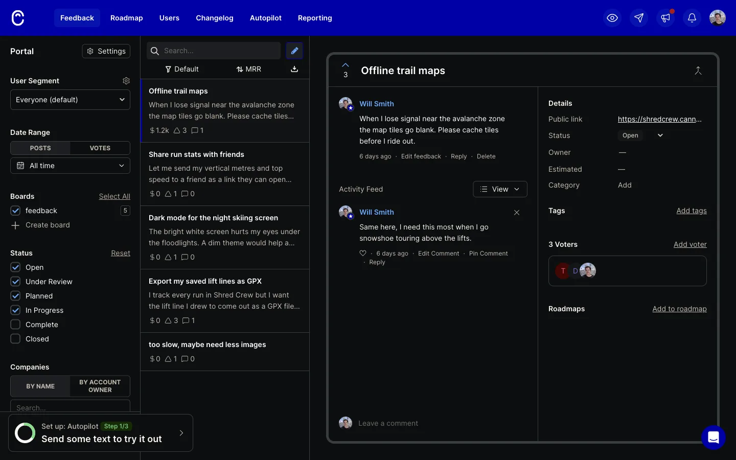 Canny admin feedback list sorted by MRR. Offline trail maps shows $1.2k with 3 votes, so two voters from Example Co at $1,200 a month count once. Export my saved lift lines as GPX shows $0 with 3 votes, because its voters were linked to companies after they voted. The post sidebar on the right says 3 Voters with a row of avatar initials and no company names.