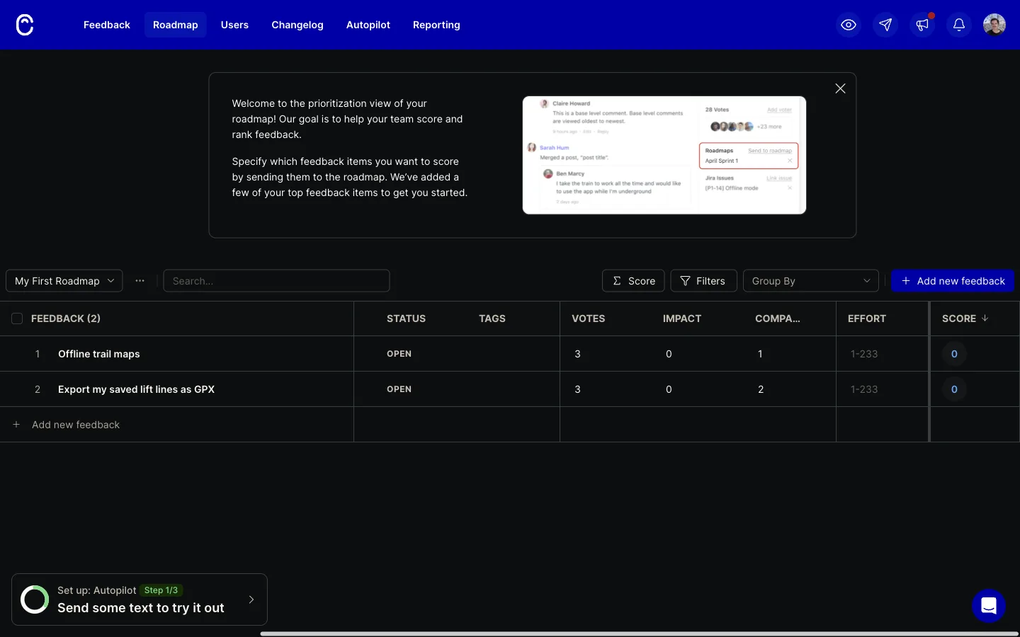 Canny roadmap prioritization table with columns Status, Tags, Votes, Impact, Company votes, Effort and Score. Offline trail maps has 3 votes and 1 company vote. Export my saved lift lines as GPX has 3 votes and 2 company votes.