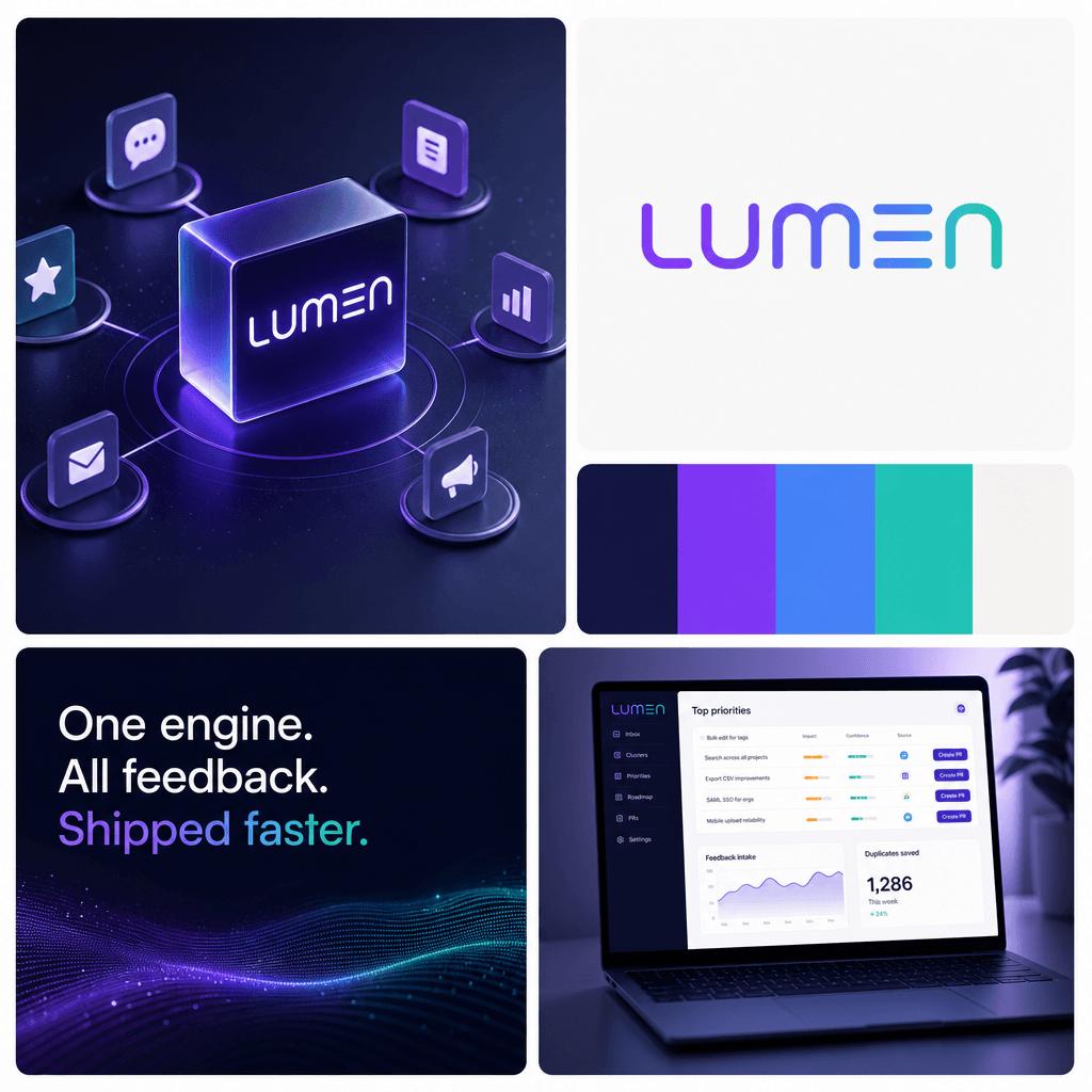 Brand board in purple and blue with a glass-cube hub and the line "One engine. All feedback. Shipped faster."
