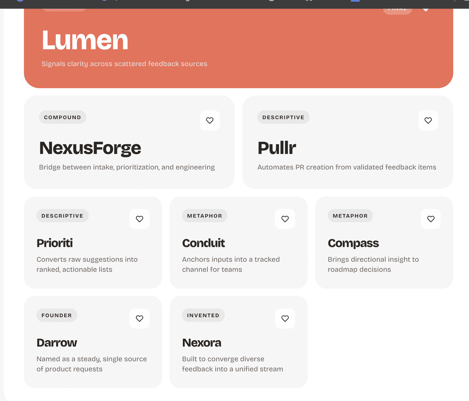 Grid of name suggestions with Lumen as the final pick above alternates like Conduit, Compass, Pullr, Prioriti and Nexora.
