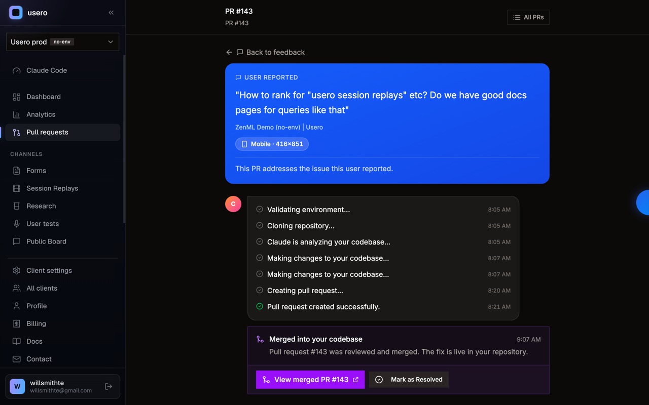 A Usero capture turned into an AI-authored pull request on GitHub