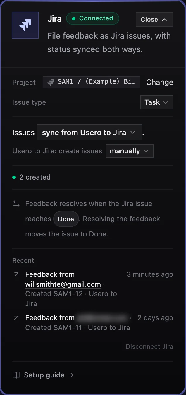 The Jira card on the Usero Integrations page, marked Connected, with project SAM1, issue type Task, Sync set to Usero to Jira, create issues manually, 1 created, Done as the status that resolves feedback, and a Recent entry for SAM1-11.