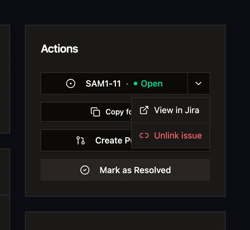 The Actions panel on a Usero feedback item with the linked Jira issue chip reading SAM1-11, Open, and its menu open showing View in Jira and Unlink issue.