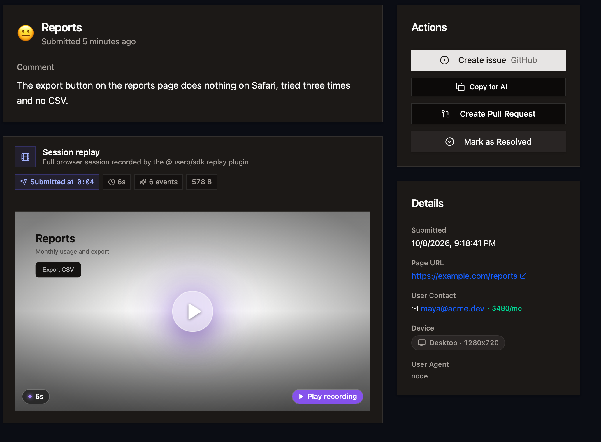 A pull request page with the quoted user report and a View PR on GitHub button