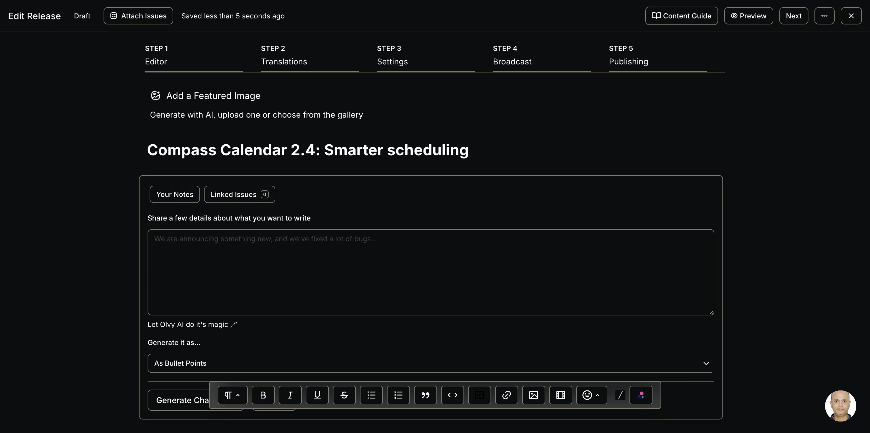 Olvy AI generation panel with two source tabs, Your Notes as a free-text textarea and Linked Issues showing zero issues, plus a single output format dropdown.