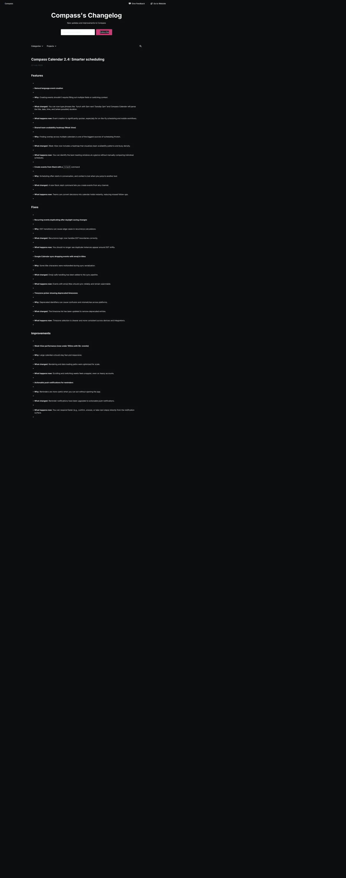 The published Olvy public changelog page for the fictional Compass Calendar release, a very tall scroll with a stray empty bullet visible between real bullets throughout the note.