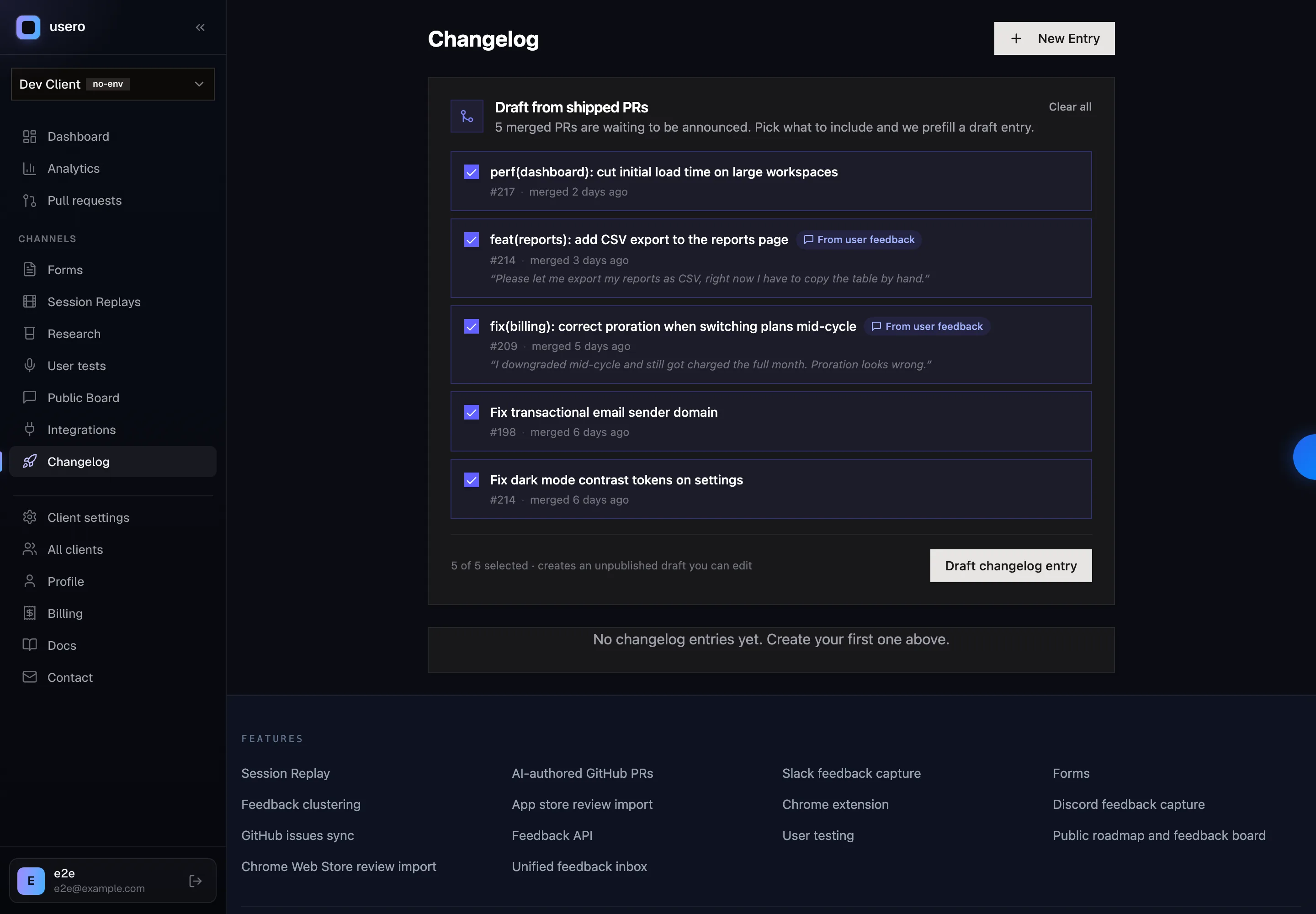 Usero's Draft from shipped PRs panel in the changelog composer, listing five merged pull requests with checkboxes, and a From user feedback chip plus the quoted original report on the two PRs that traced back to a feedback item.