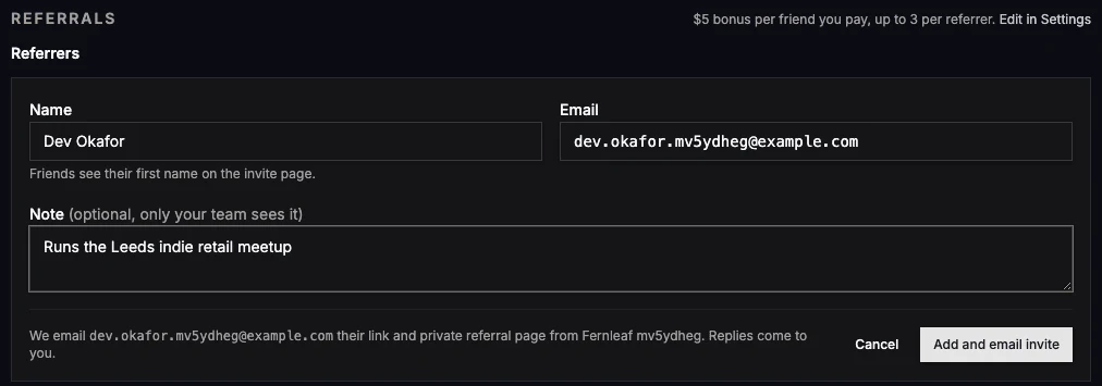 The Add referrer form with a name, an email and a private note, and the line saying Usero emails them their link and private referral page, with replies coming to you
