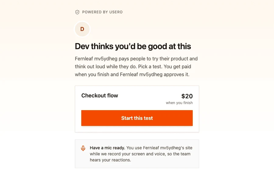 A referral landing page reading Dev thinks you would be good at this, with one $20 test and a Start this test button