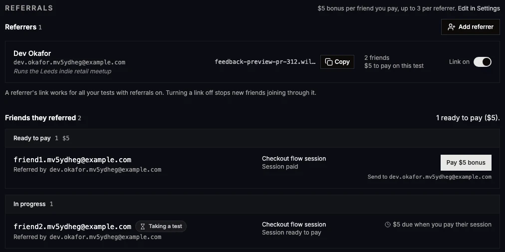 The Referrals section on a test, with one referrer, one bonus ready to pay and one referred friend still taking the test