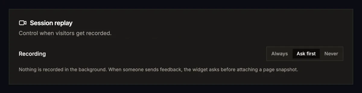 The Session replay card in project settings, with Recording set to Ask first