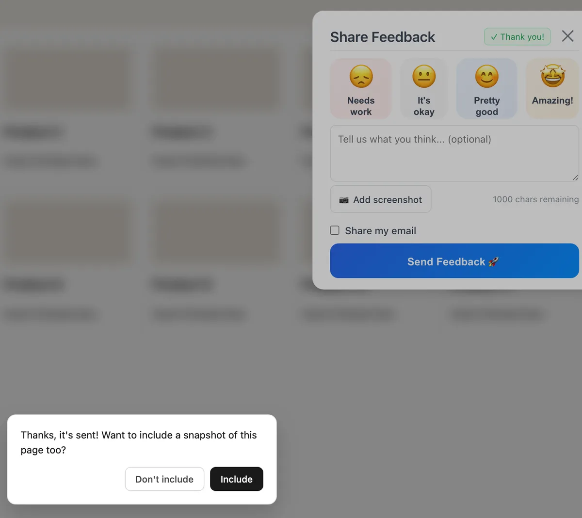 The Ask first prompt over the feedback widget after the feedback has sent, asking to include a snapshot of the page too, with Include and Don't include buttons