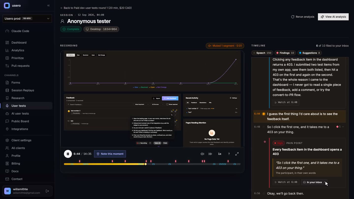 A user test session page with the replay on the left and the tester's timeline of findings on the right